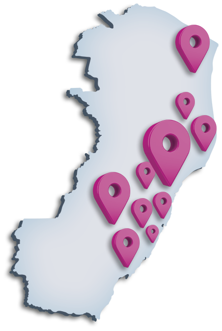 Mapa do Espírito Santo destacando as cidades atendidas pela Voe Internet